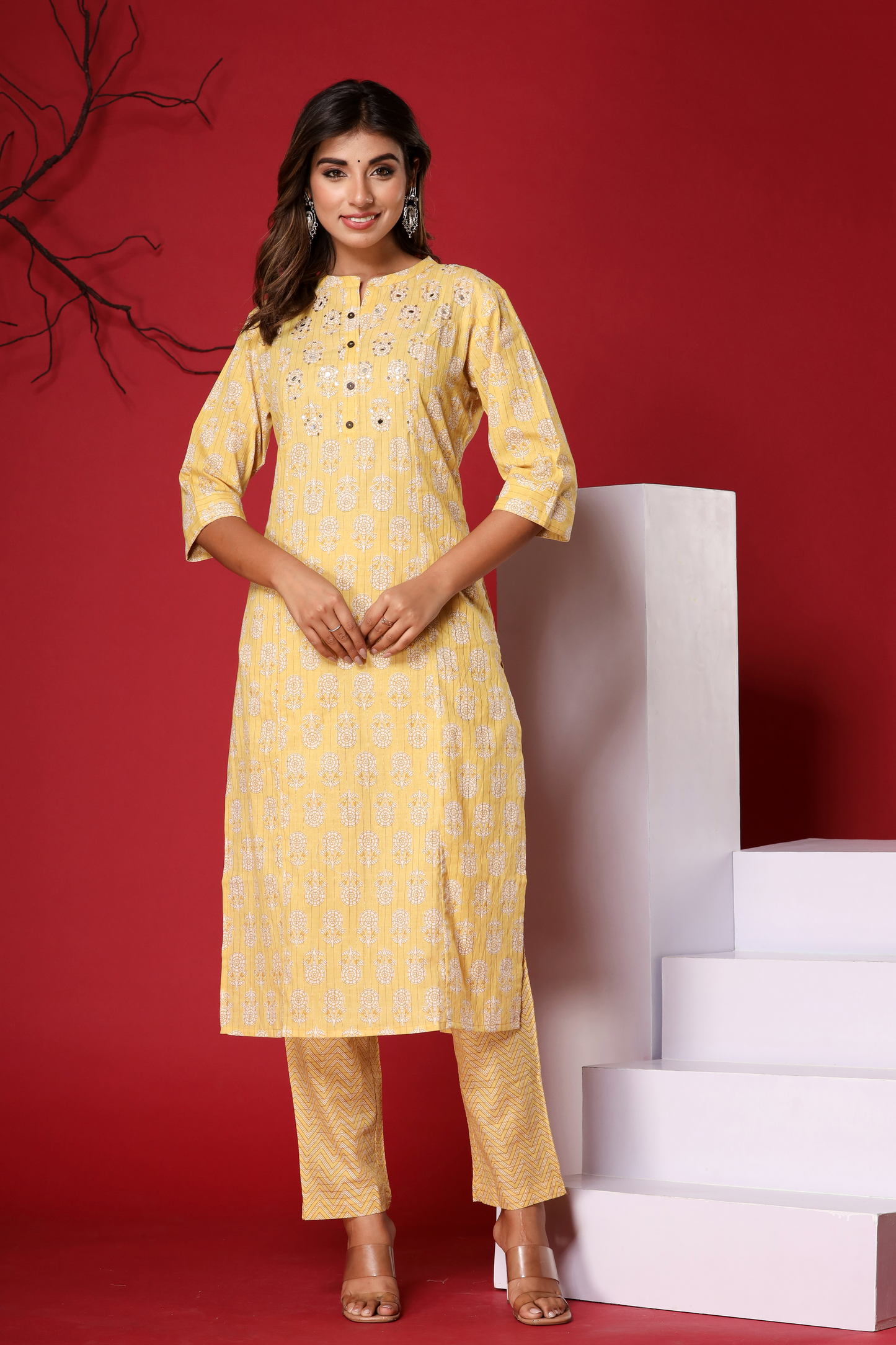 Yellow Kurta Pant Set in Pure Cotton