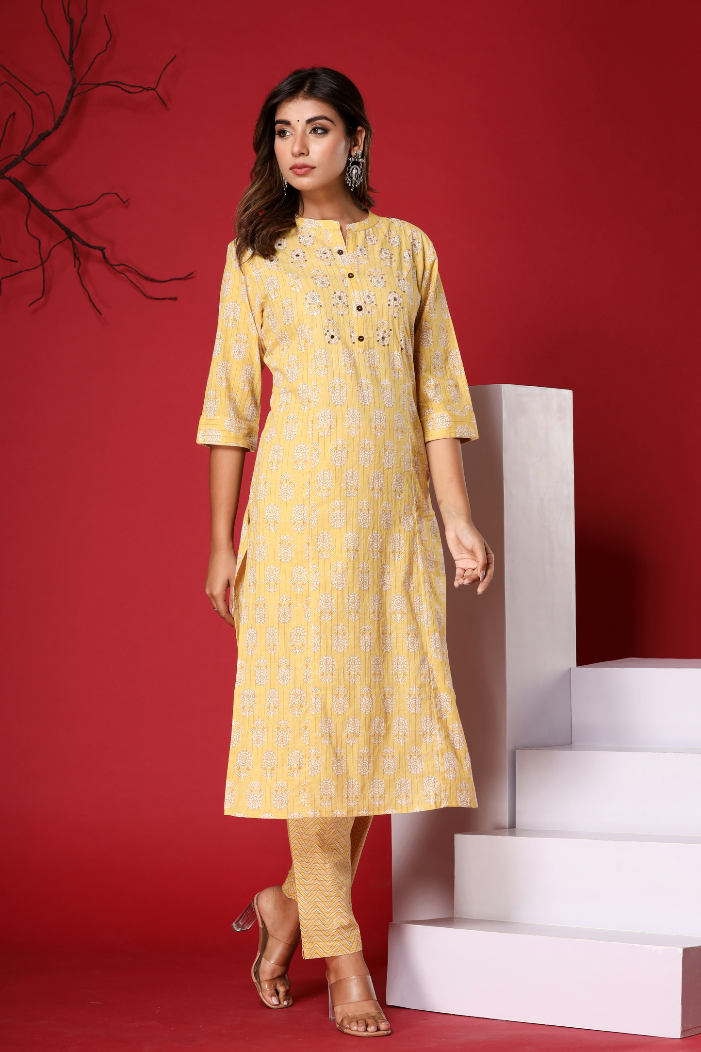 Yellow Kurta Pant Set in Pure Cotton