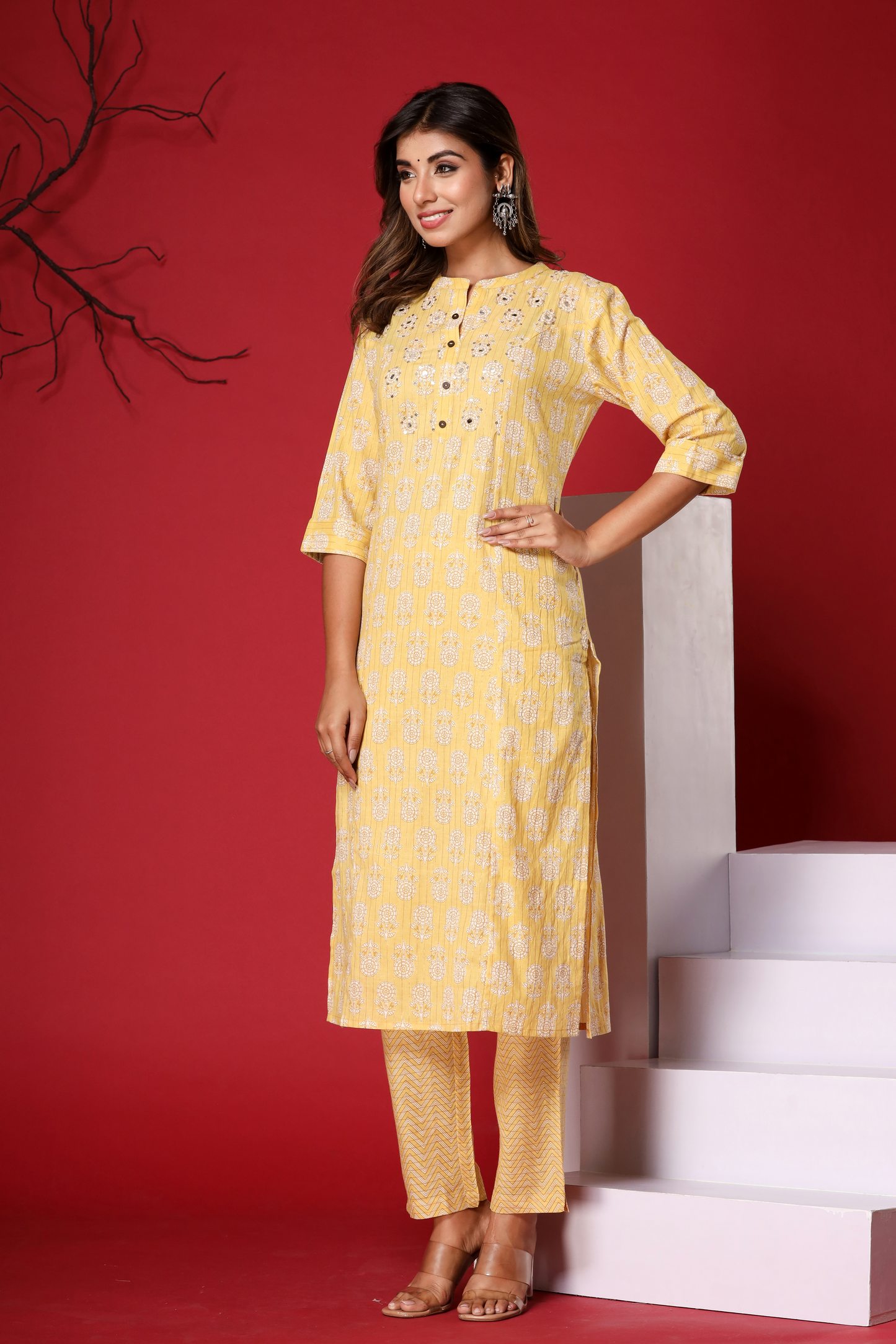 Yellow Kurta Pant Set in Pure Cotton