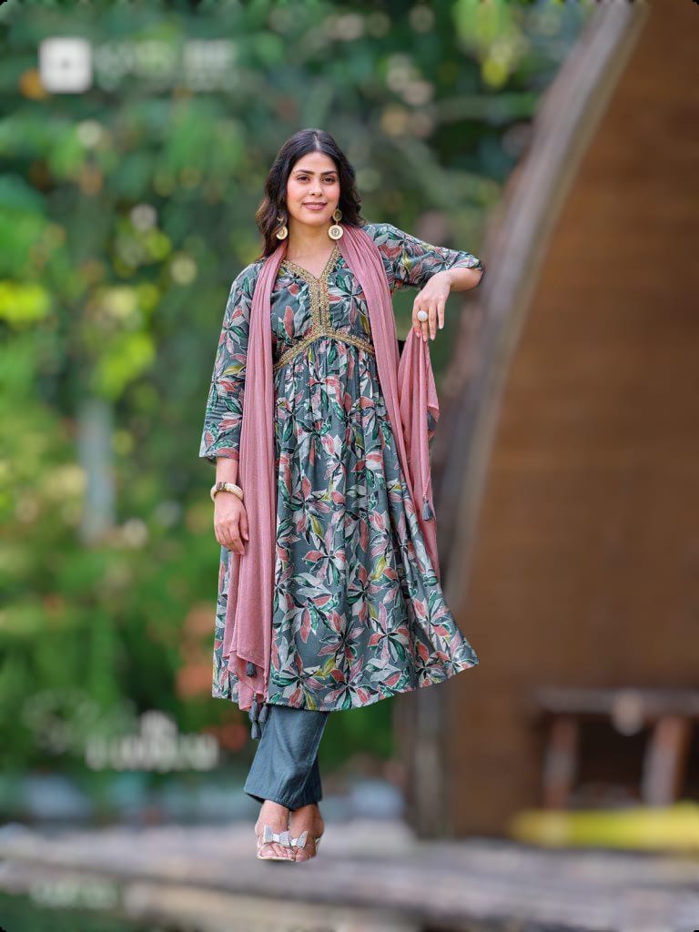Alia Cut Modal Silk, Embroidered Kurti Pant & Dupatta Set