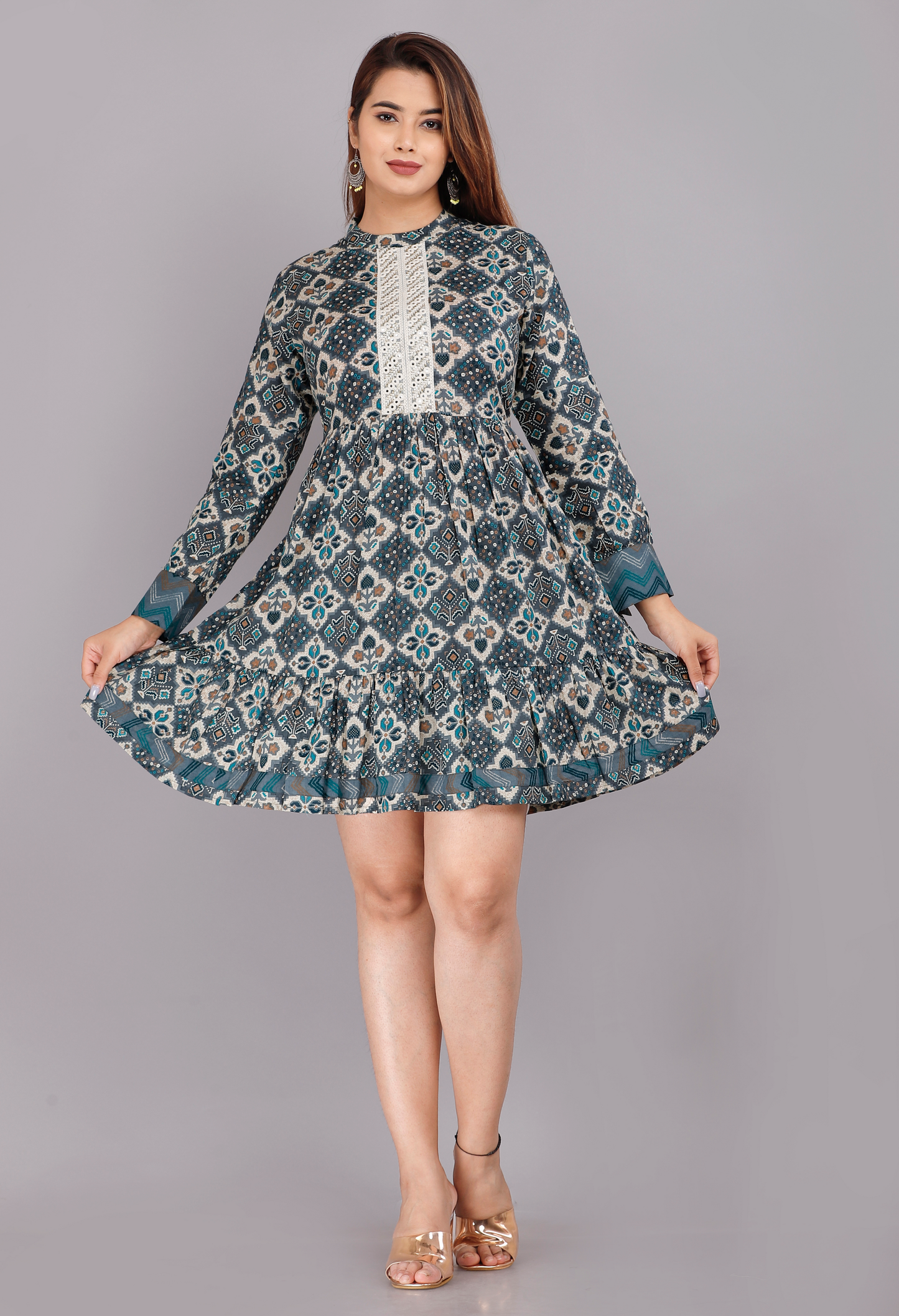 Cotton Turquoise Short Kurti Dress with Full Sleeves