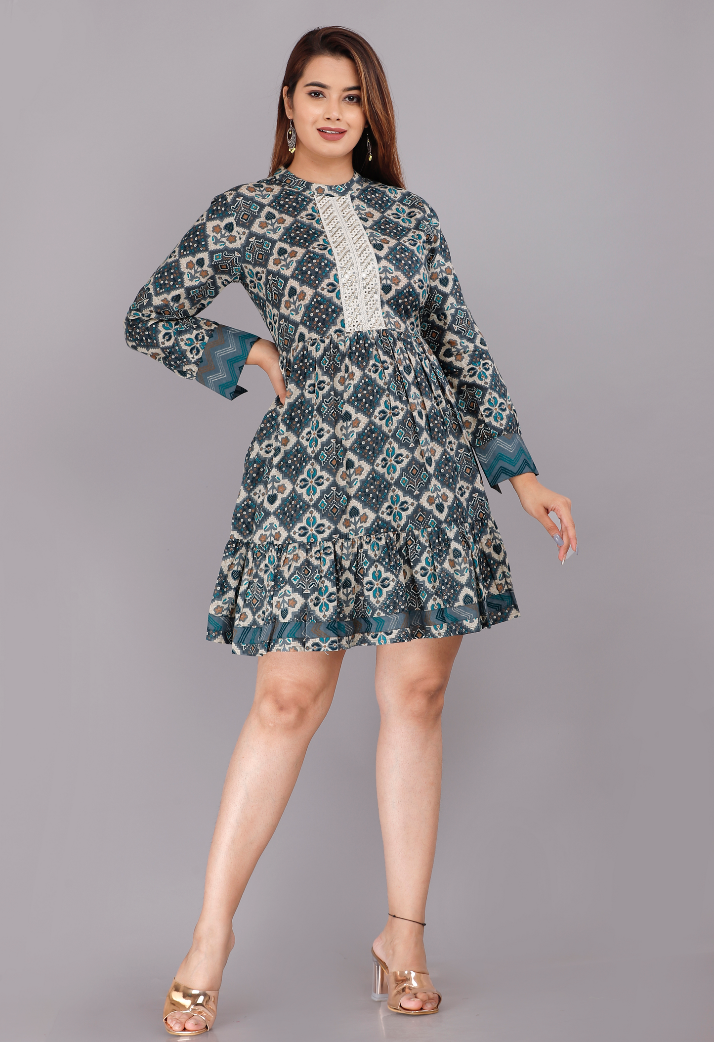 Cotton Turquoise Short Kurti Dress with Full Sleeves