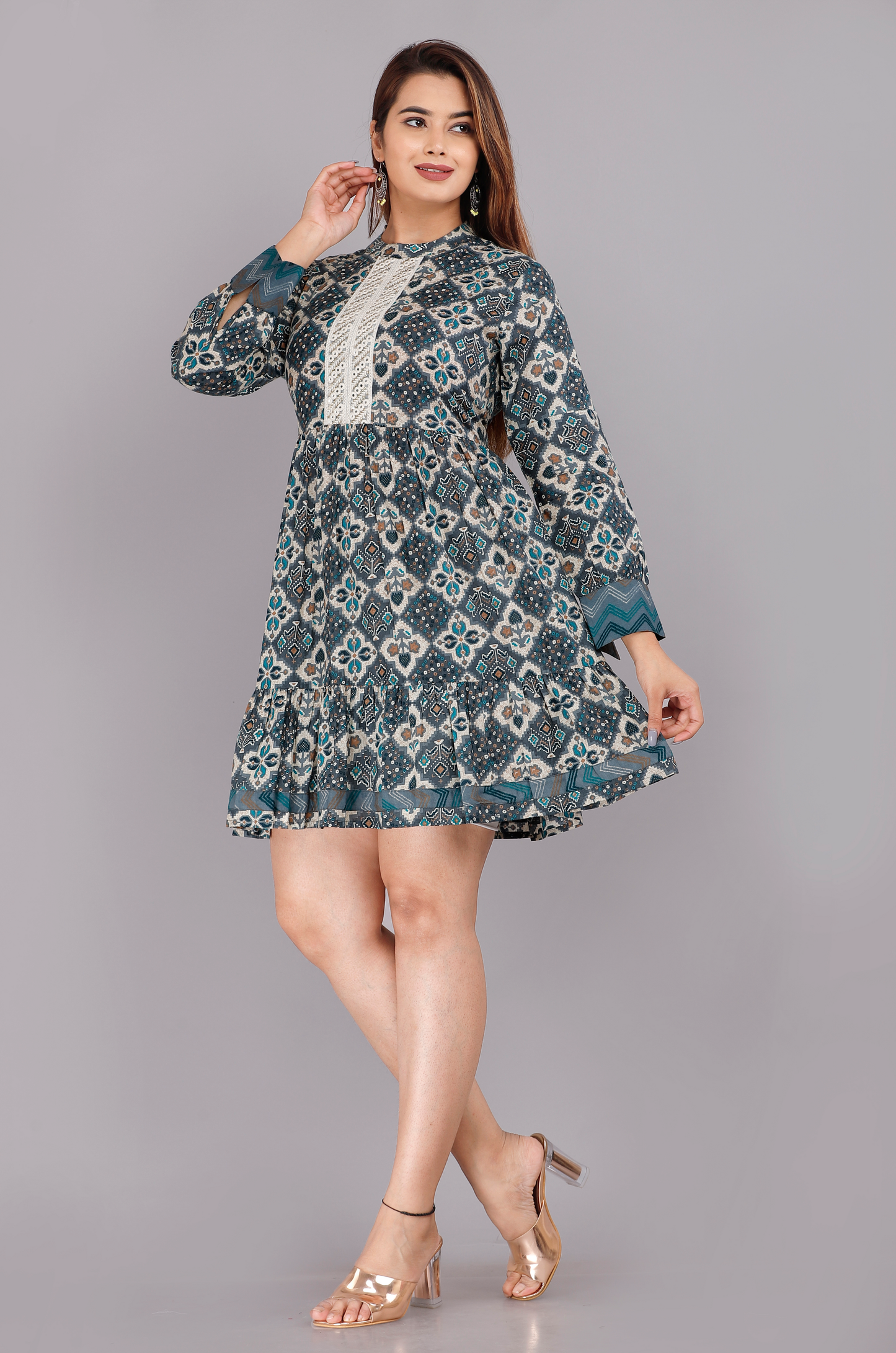 Cotton Turquoise Short Kurti Dress with Full Sleeves
