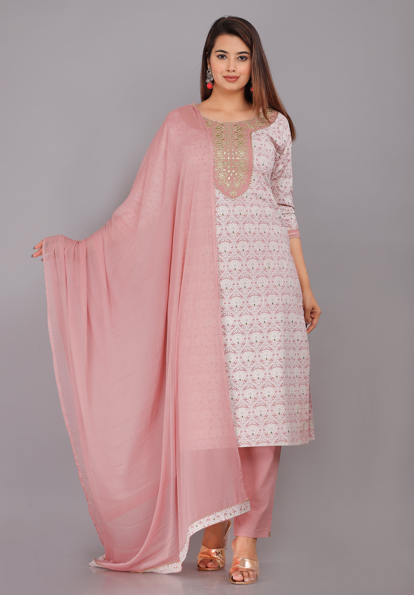White & Pink Kurta Pant and Dupatta Set