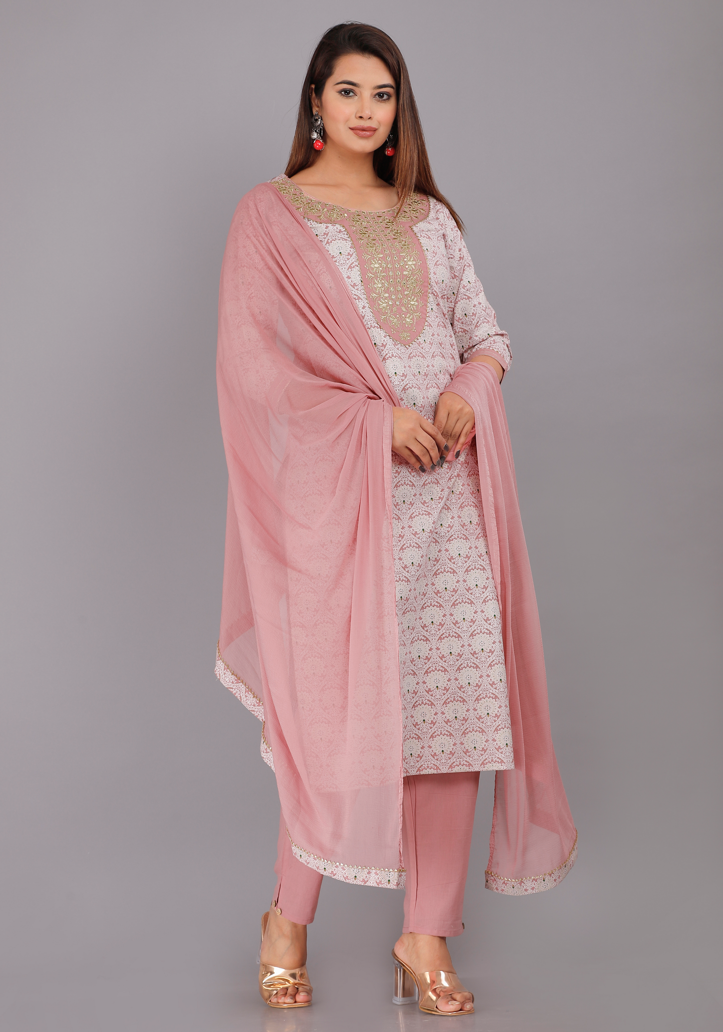 White & Pink Kurta Pant and Dupatta Set
