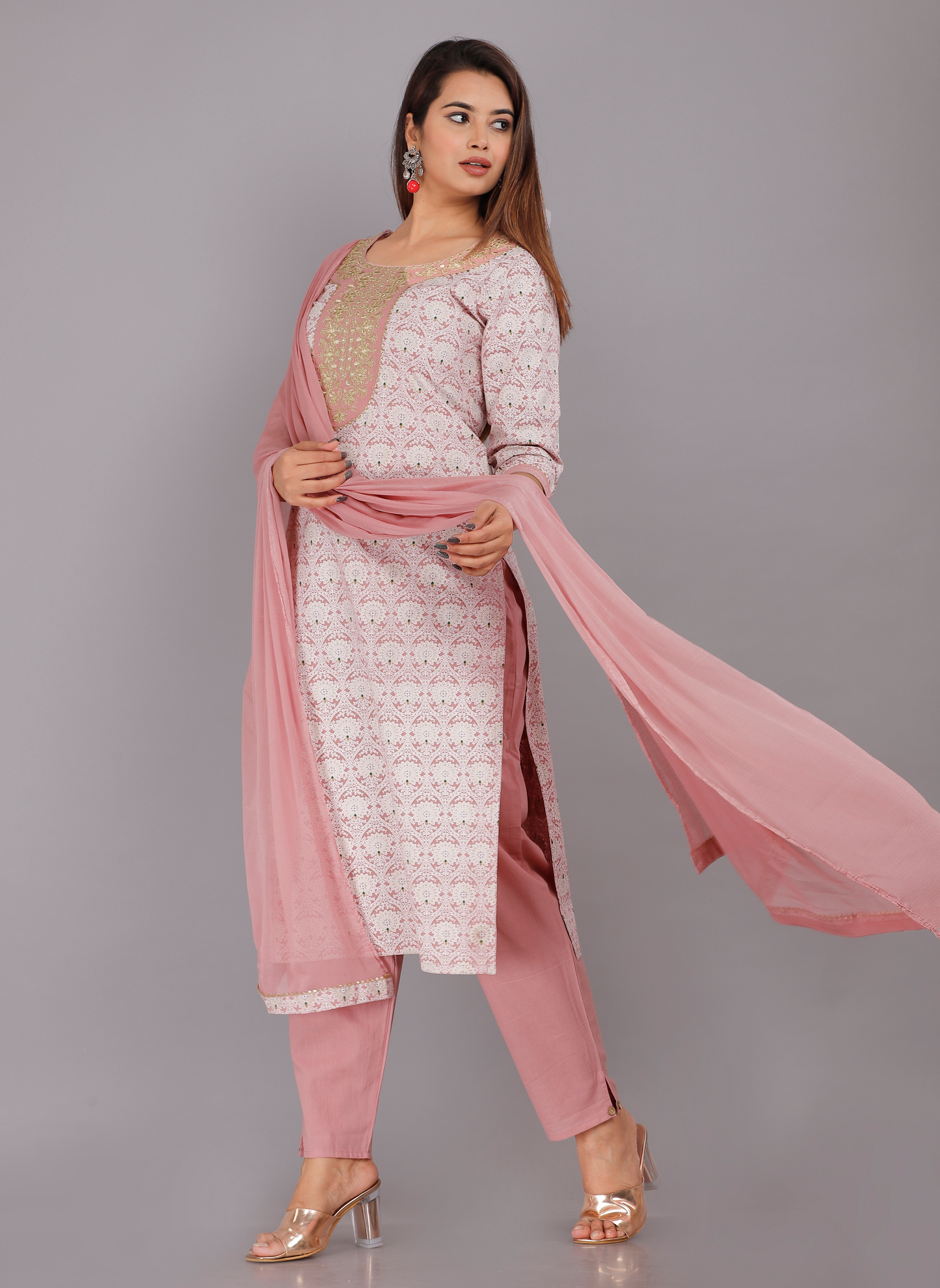White & Pink Kurta Pant and Dupatta Set
