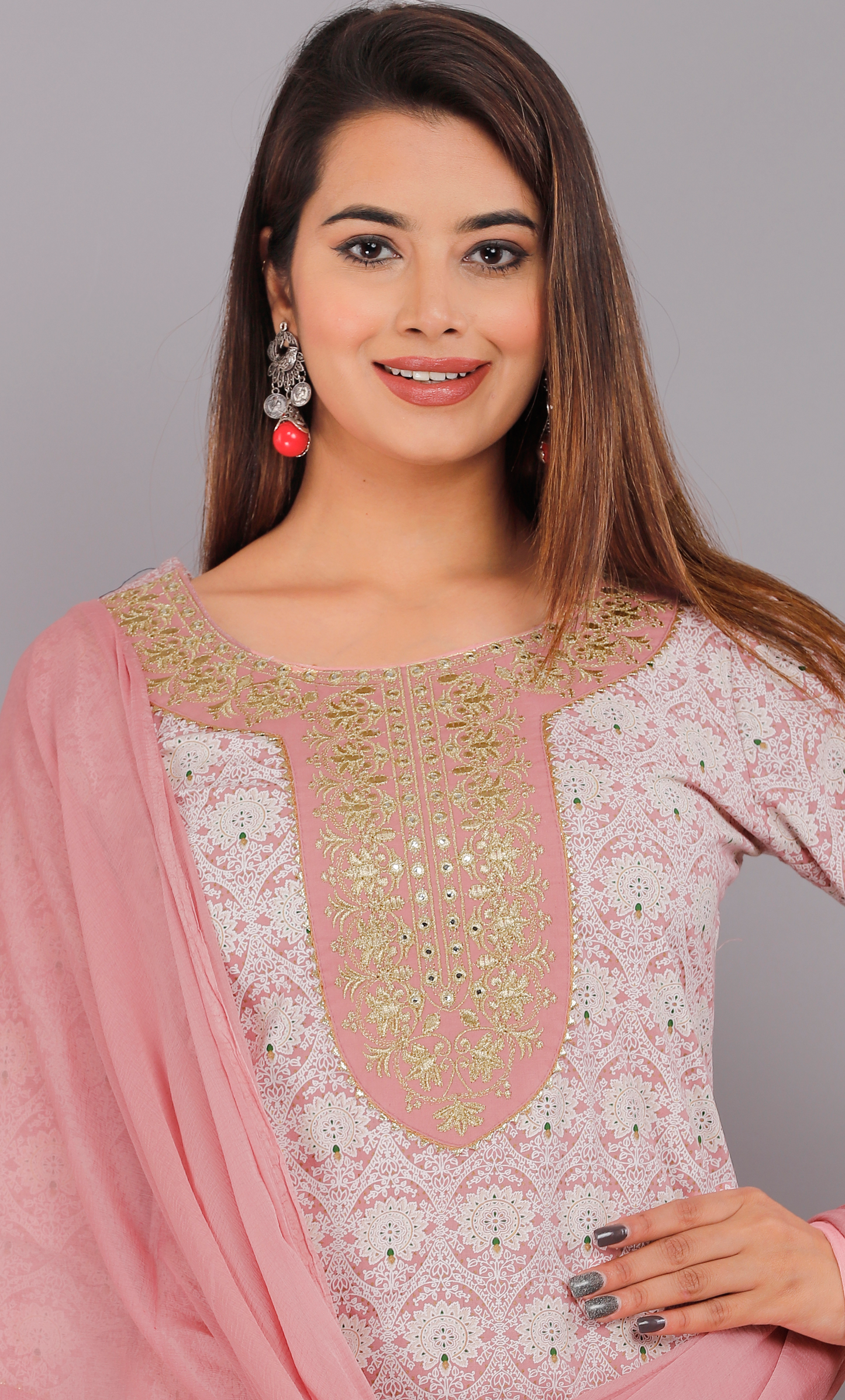 White & Pink Kurta Pant and Dupatta Set