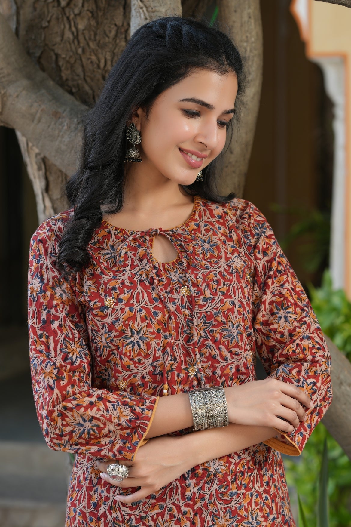 Kalamkari Print Pure Cotton Kurti with Delicate Dori Detailing