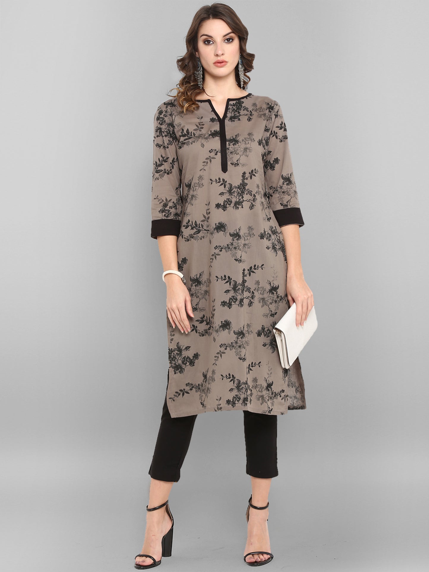 Cotton Taupe Floral Print Kurta