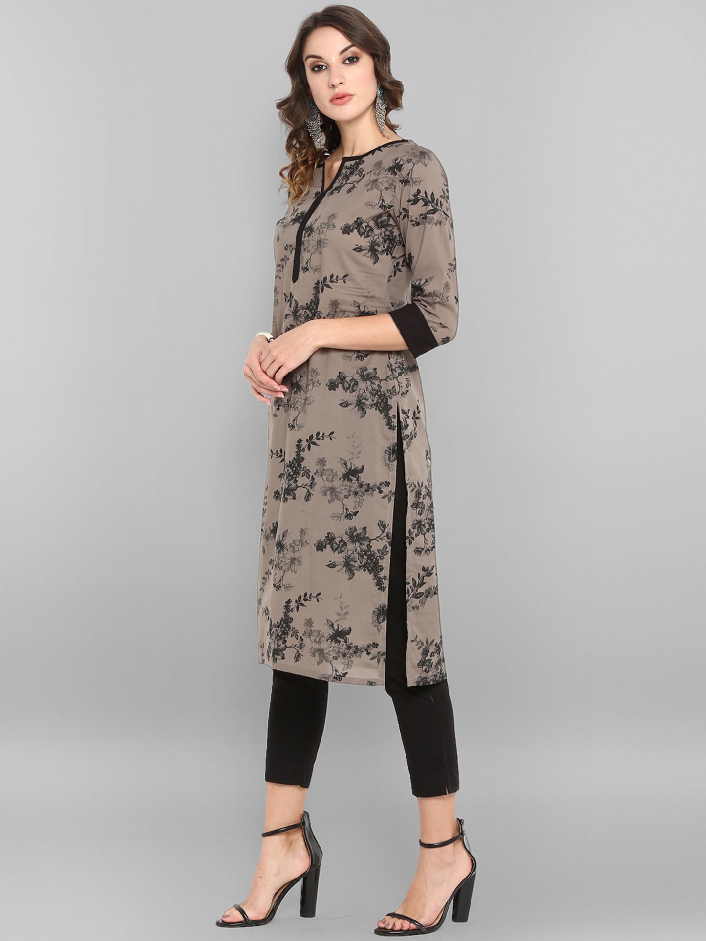 Cotton Taupe Floral Print Kurta