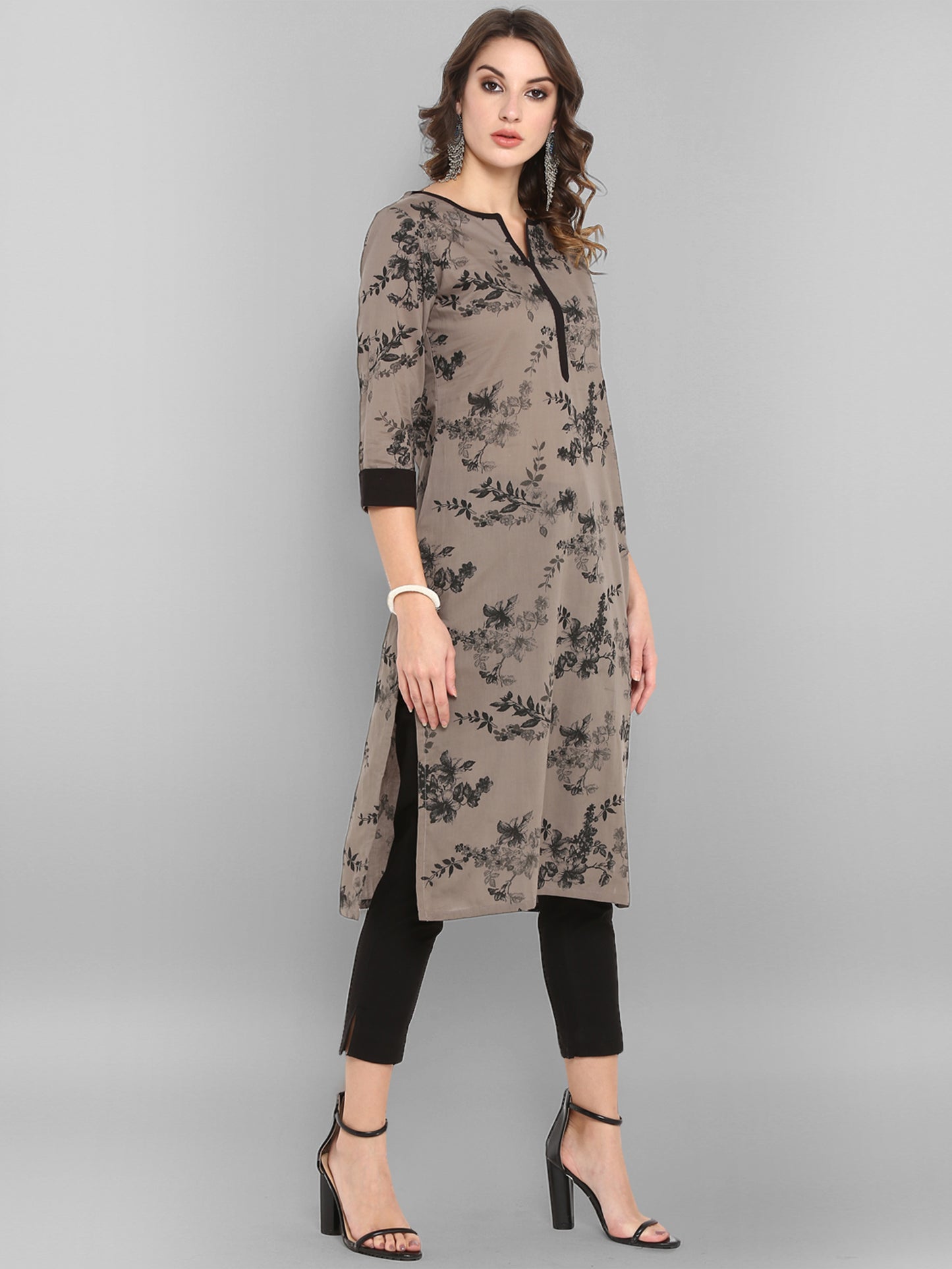 Cotton Taupe Floral Print Kurta