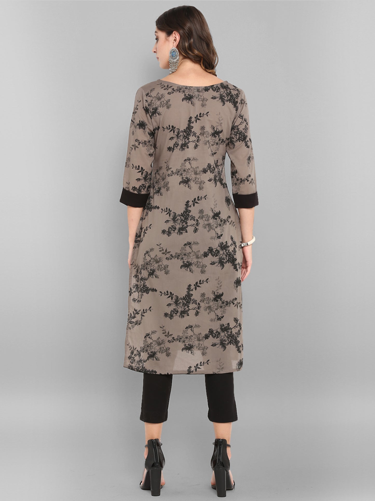 Cotton Taupe Floral Print Kurta