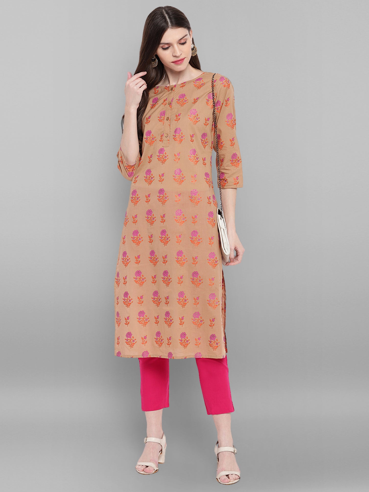 Floral Print Brown Straight Kurta