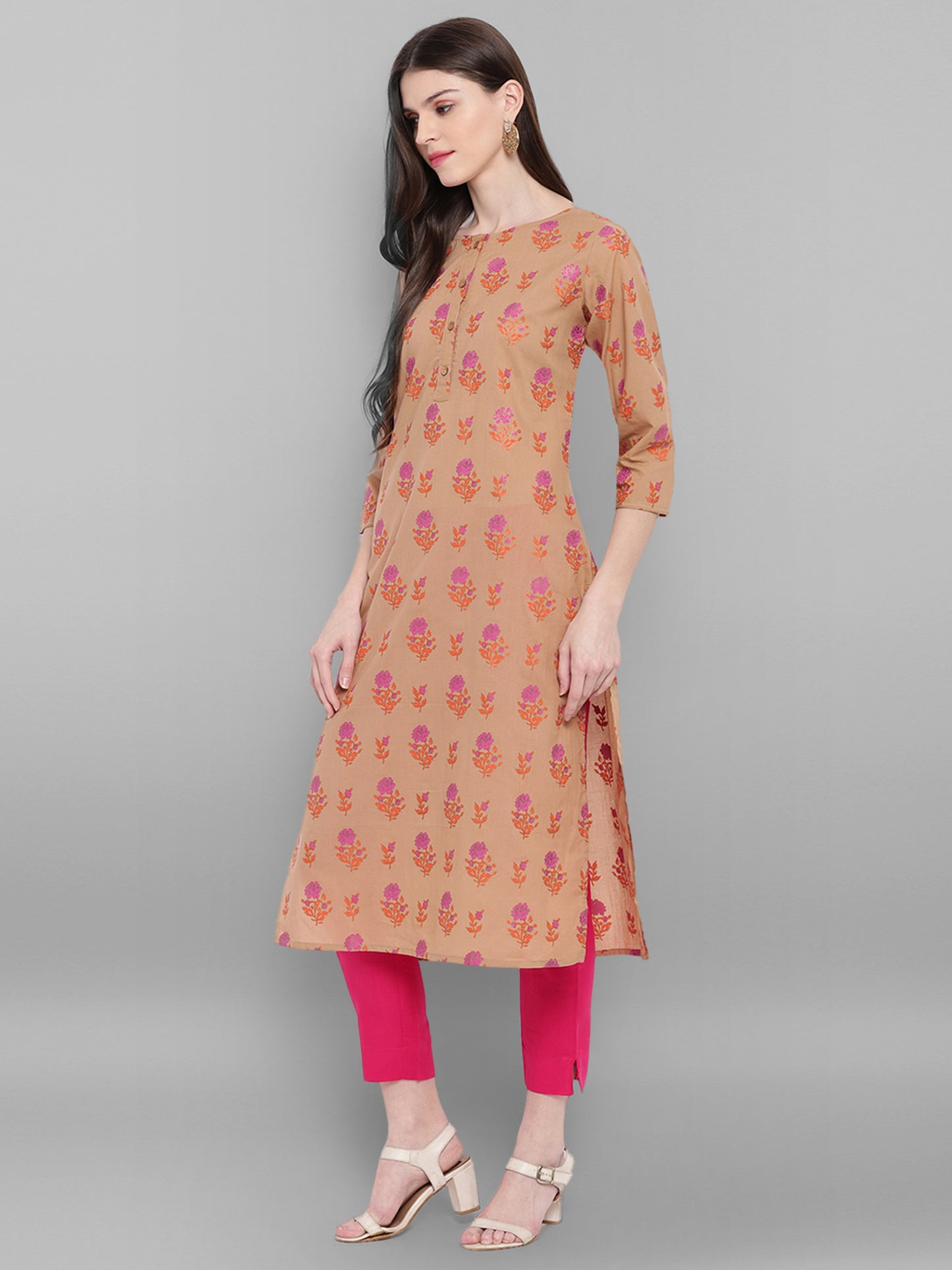 Floral Print Brown Straight Kurta