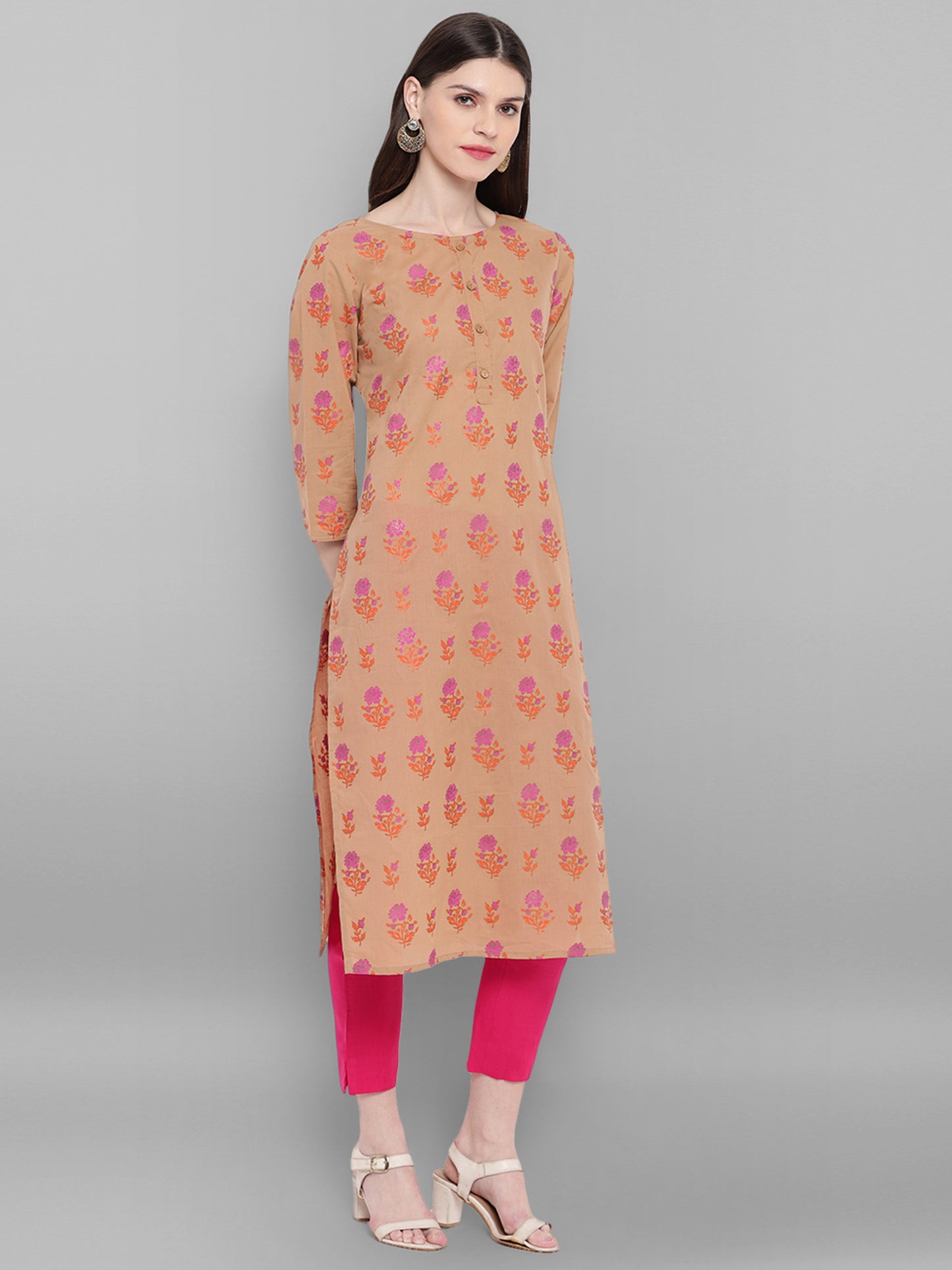 Floral Print Brown Straight Kurta