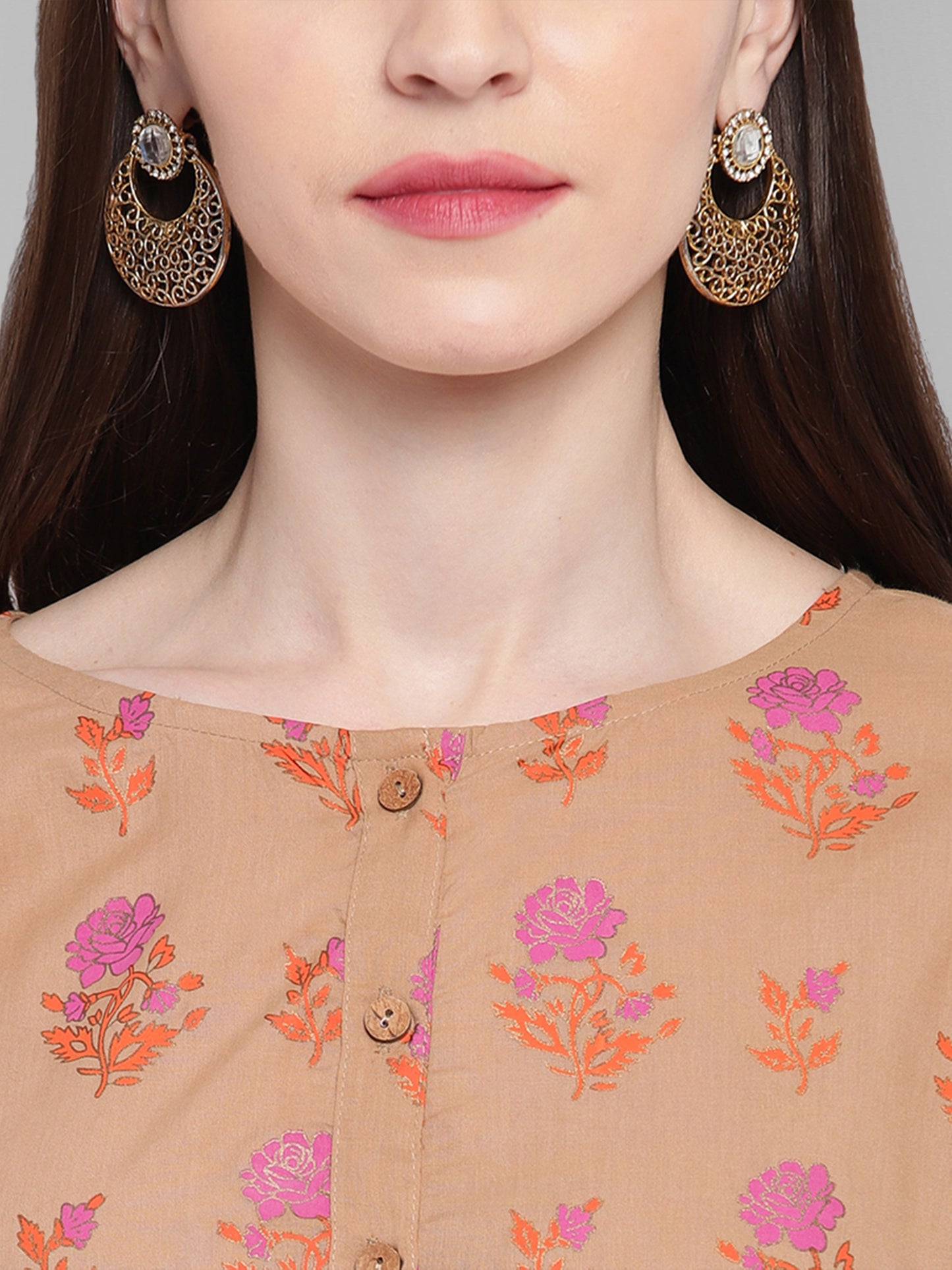 Floral Print Brown Straight Kurta