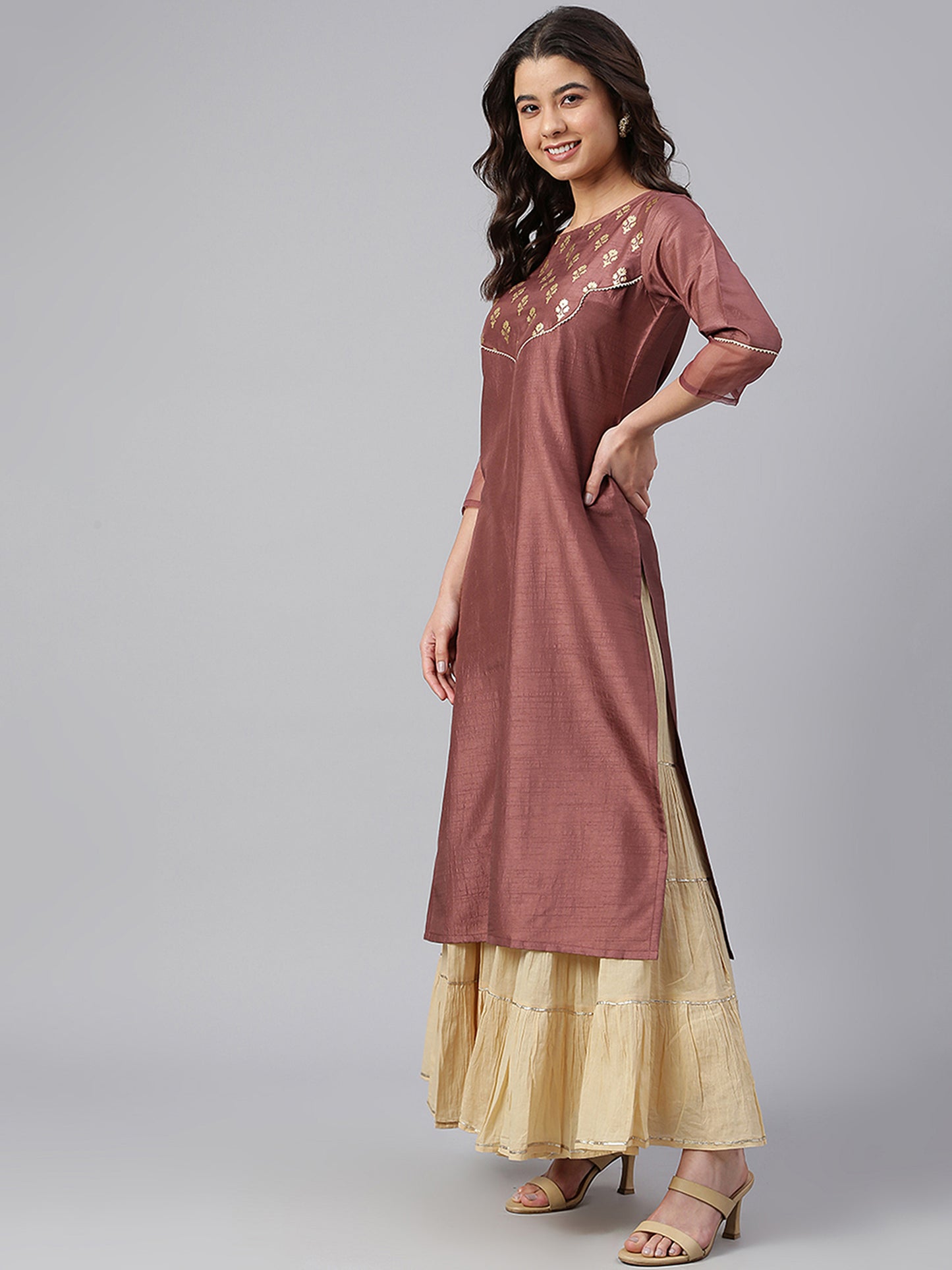 Brown Poly Silk Foil Print Straight Kurta