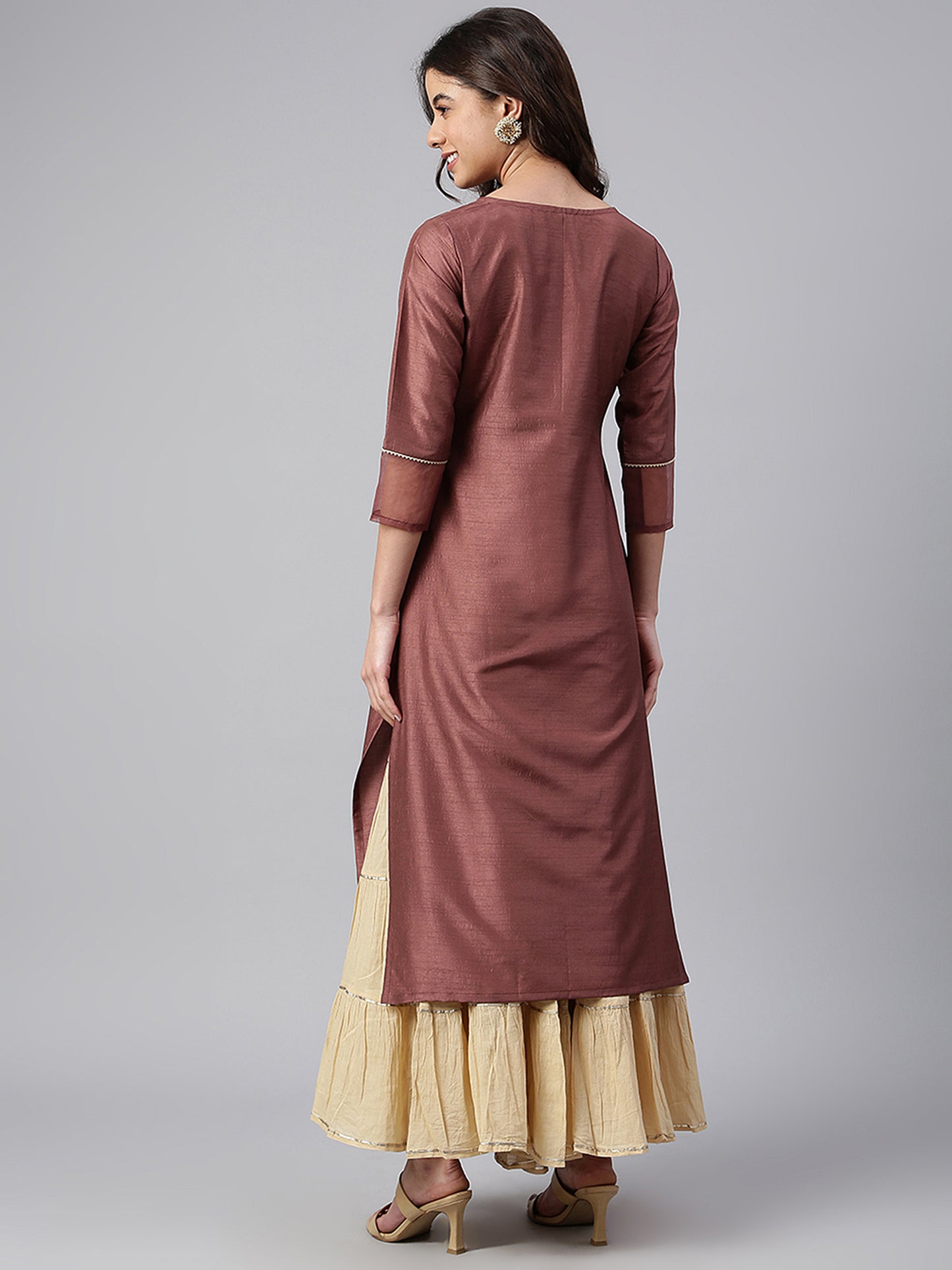 Brown Poly Silk Foil Print Straight Kurta