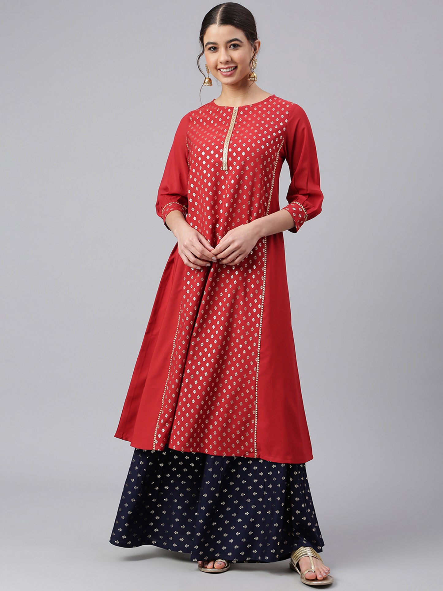 Maroon Foil Print A-line Kurta