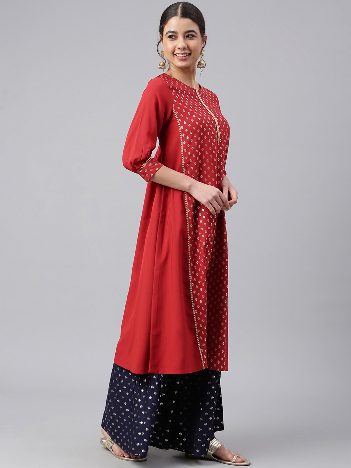 Maroon Foil Print A-line Kurta