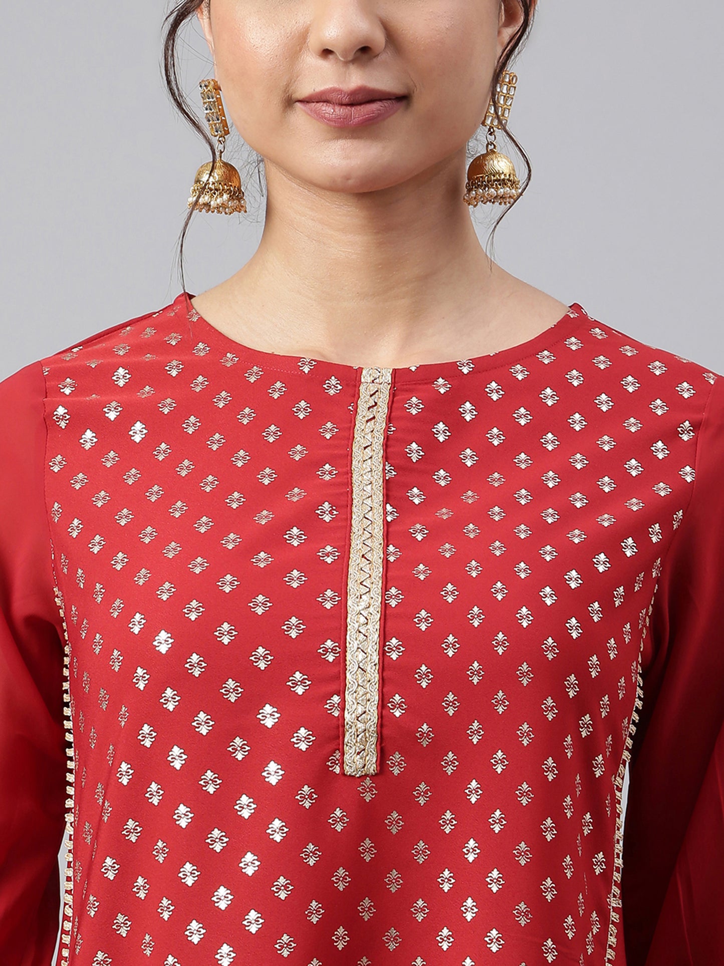 Maroon Foil Print A-line Kurta