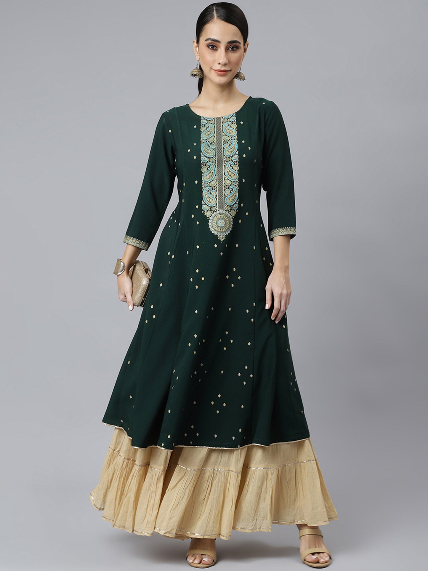 Stunning Green Foil Print Crepe Kurta: Shine Bright