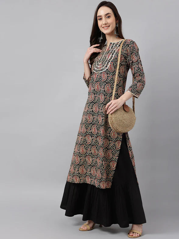 Black Paisley Cotton Straight Kurta for Effortless Style