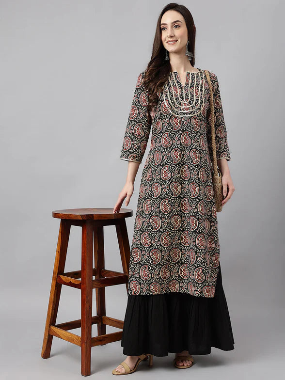 Black Paisley Cotton Straight Kurta for Effortless Style