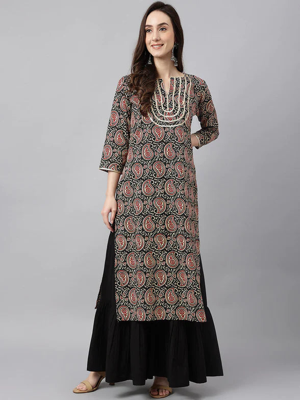 Black Paisley Cotton Straight Kurta for Effortless Style