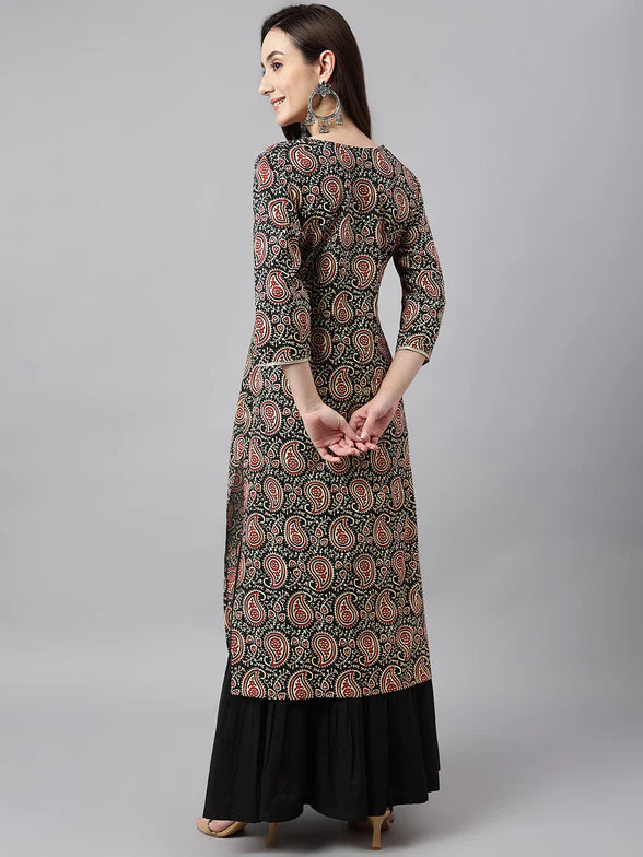 Black Paisley Cotton Straight Kurta for Effortless Style