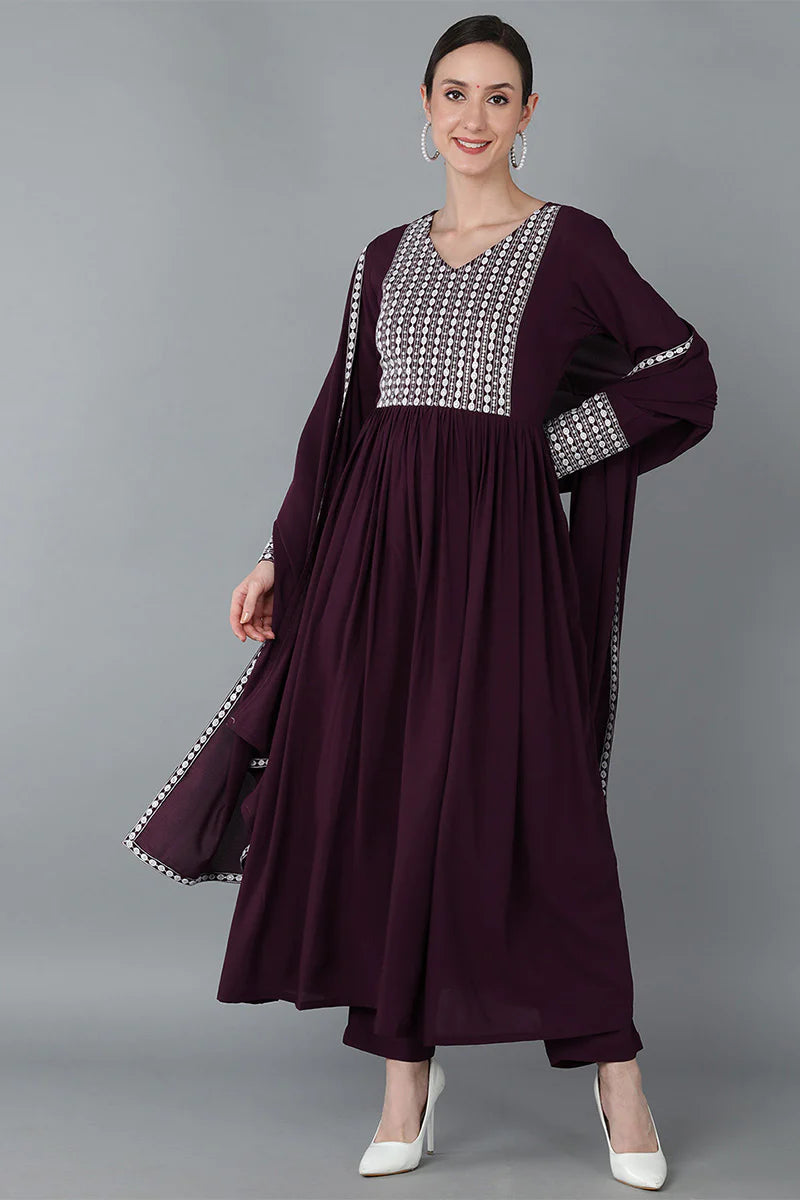 Burgundy Poly Georgette Yoke Design Kurta Set with Dupatta & Trouser