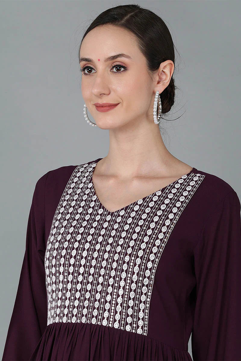 Burgundy Poly Georgette Yoke Design Kurta Set with Dupatta & Trouser