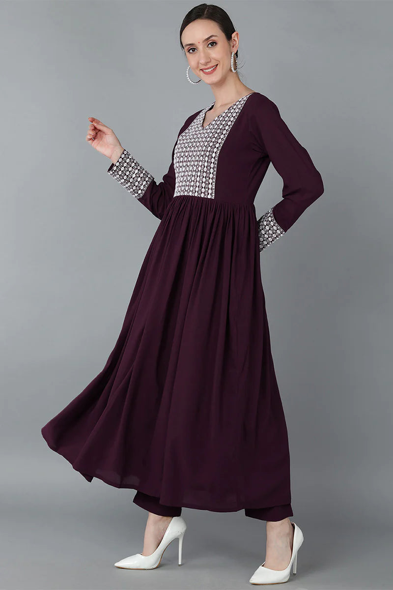 Burgundy Poly Georgette Yoke Design Kurta Set with Dupatta & Trouser