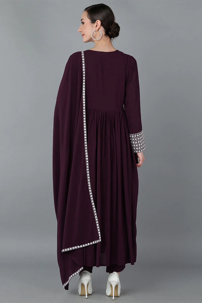 Burgundy Poly Georgette Yoke Design Kurta Set with Dupatta & Trouser