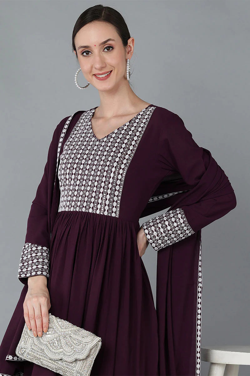 Burgundy Poly Georgette Yoke Design Kurta Set with Dupatta & Trouser