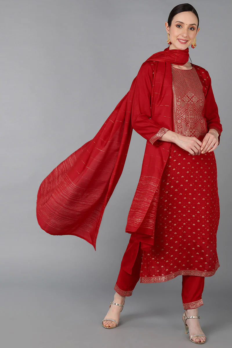 Elegant Red Silk Blend Yoke Kurta Set