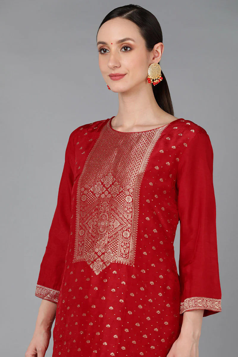 Elegant Red Silk Blend Yoke Kurta Set