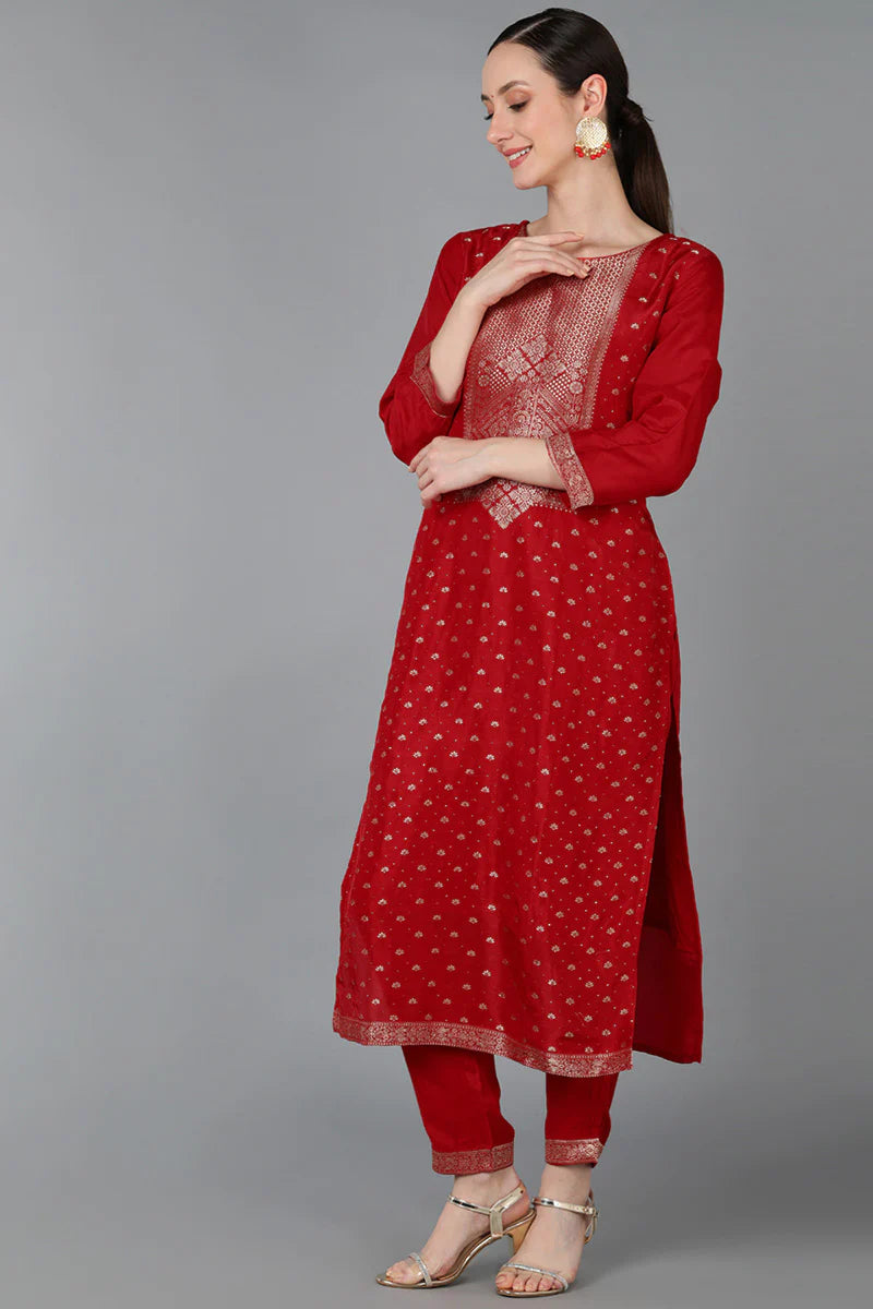 Elegant Red Silk Blend Yoke Kurta Set