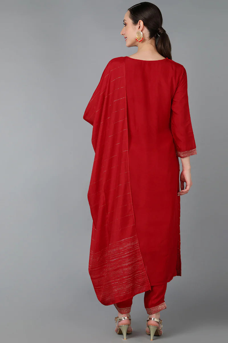 Elegant Red Silk Blend Yoke Kurta Set