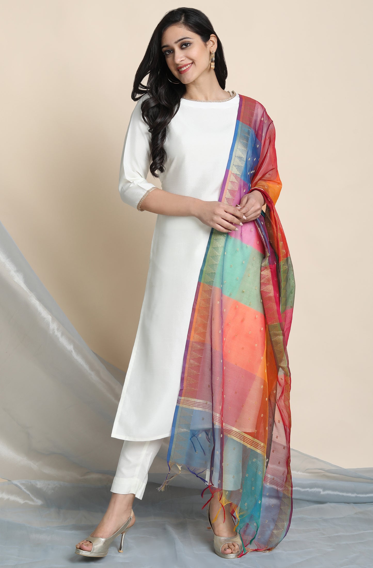 Elegant Off-White Poly Silk Kurta Set: Kurta, Pant, and Dupatta