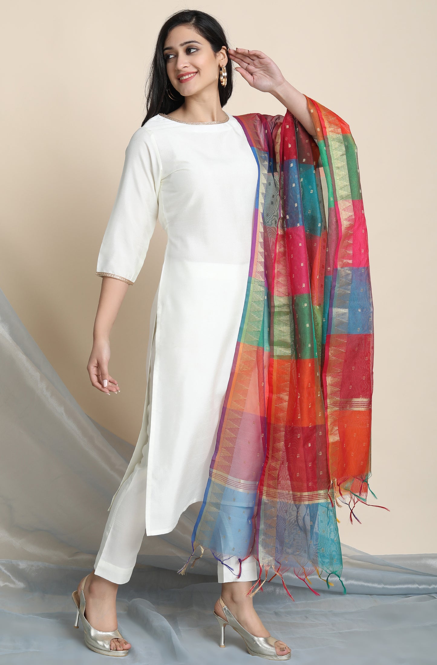 Elegant Off-White Poly Silk Kurta Set: Kurta, Pant, and Dupatta