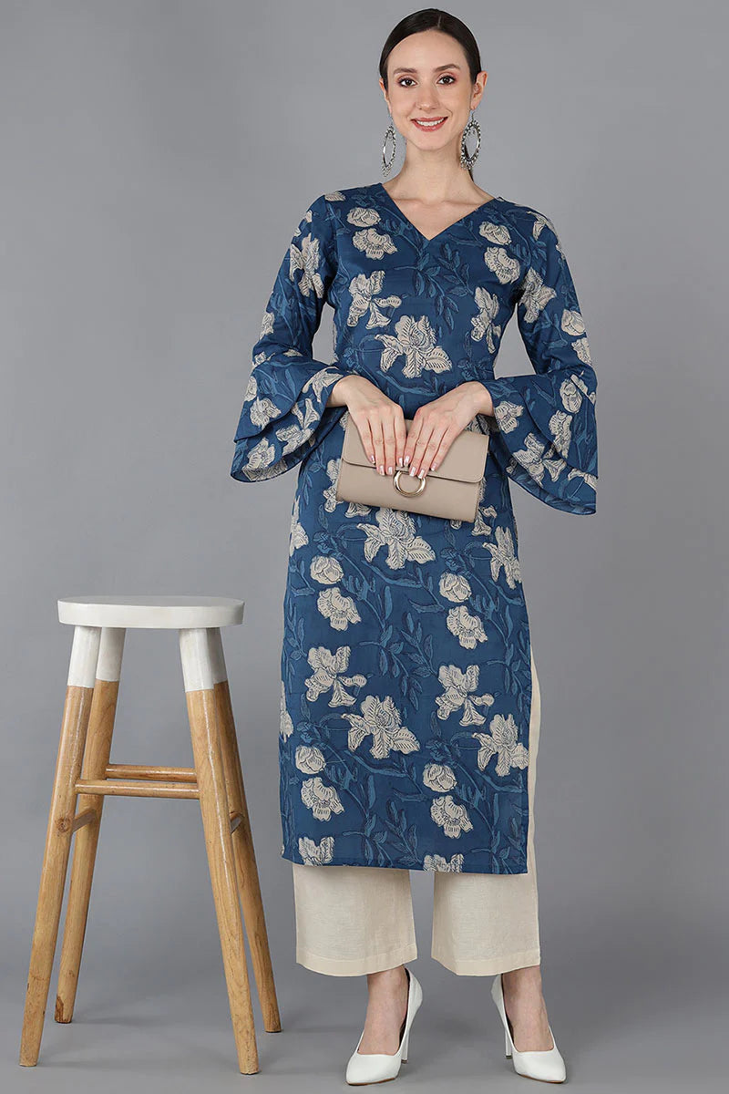 Navy Blue Kurta with Bell Sleeves