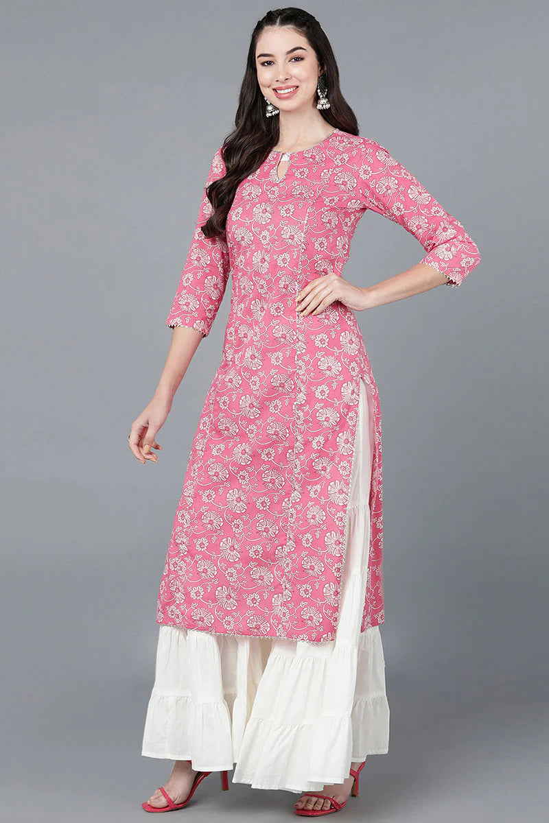 Pink Printed Cotton Blend Kurta