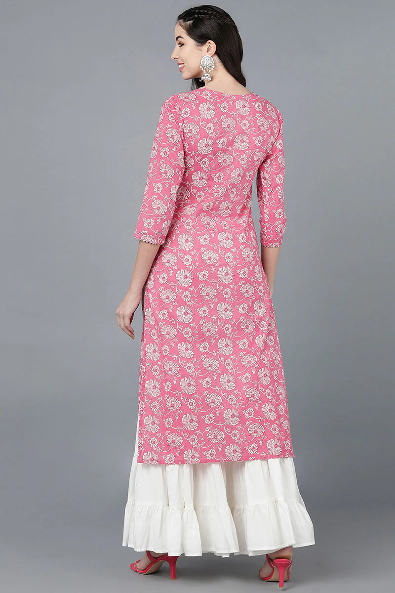 Pink Printed Cotton Blend Kurta