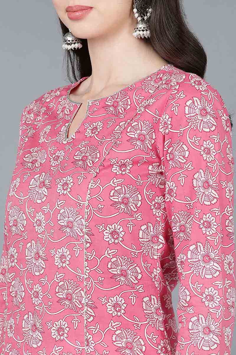 Pink Printed Cotton Blend Kurta