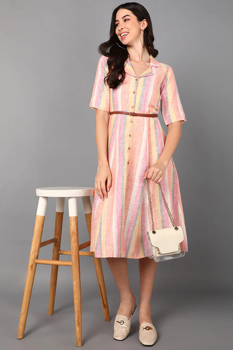Multicolor Cotton Striped Midi Dress with Belt