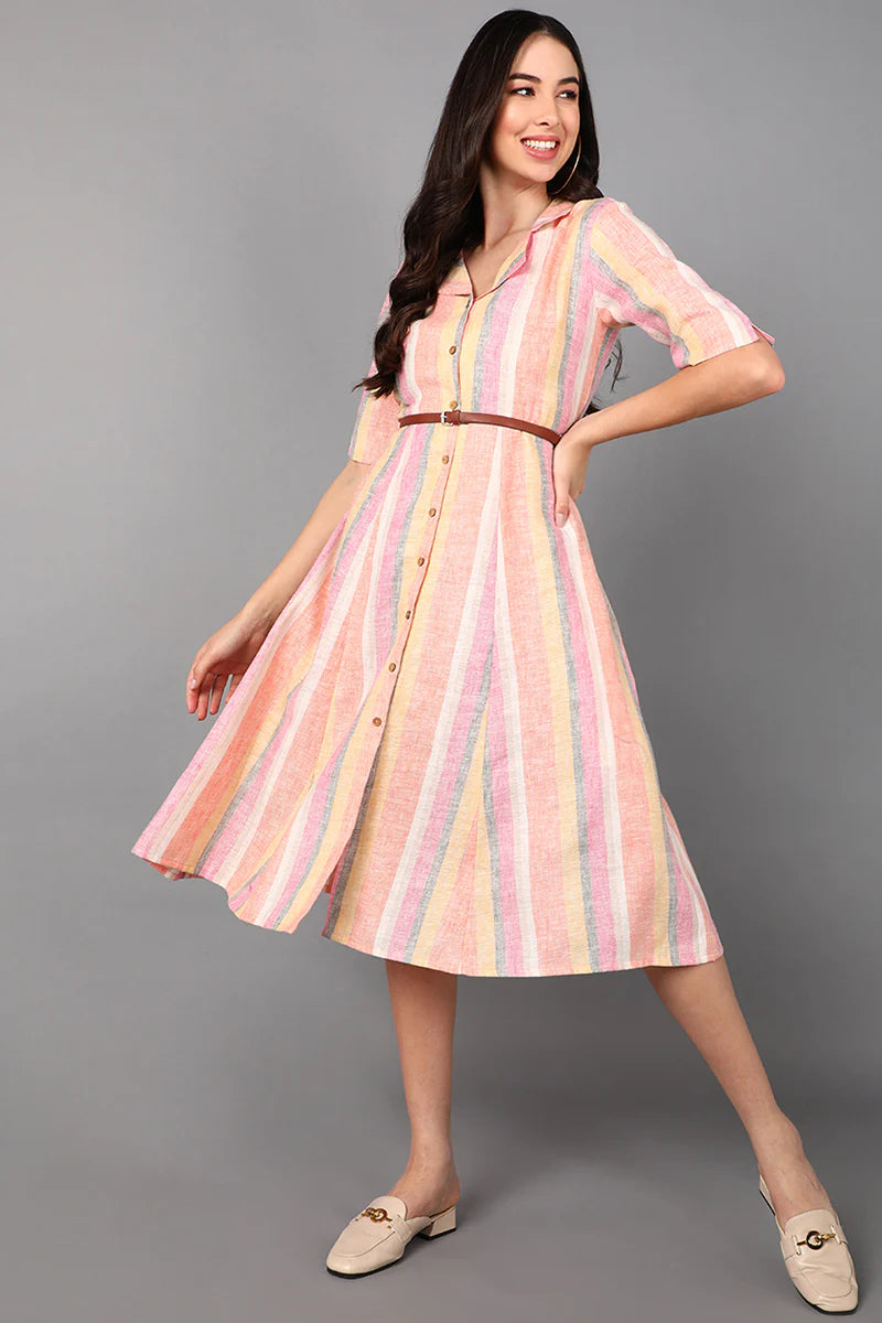 Multicolor Cotton Striped Midi Dress with Belt