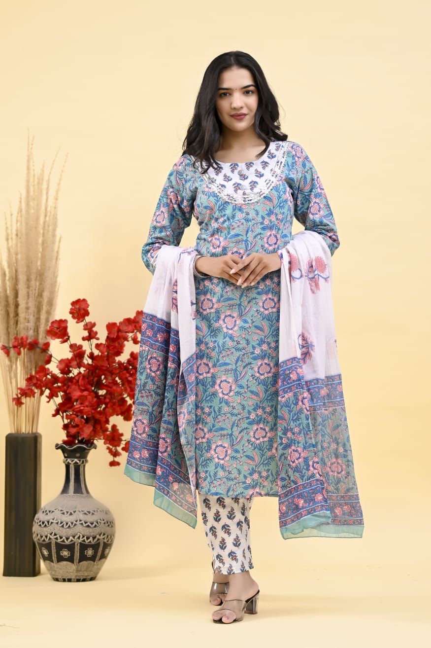 Pure Cotton Blue & White Kurta, Pant Dupatta Set