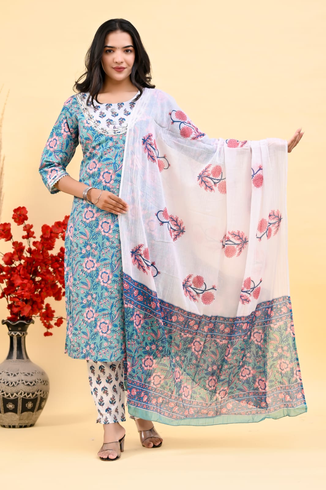 Pure Cotton Blue & White Kurta, Pant Dupatta Set