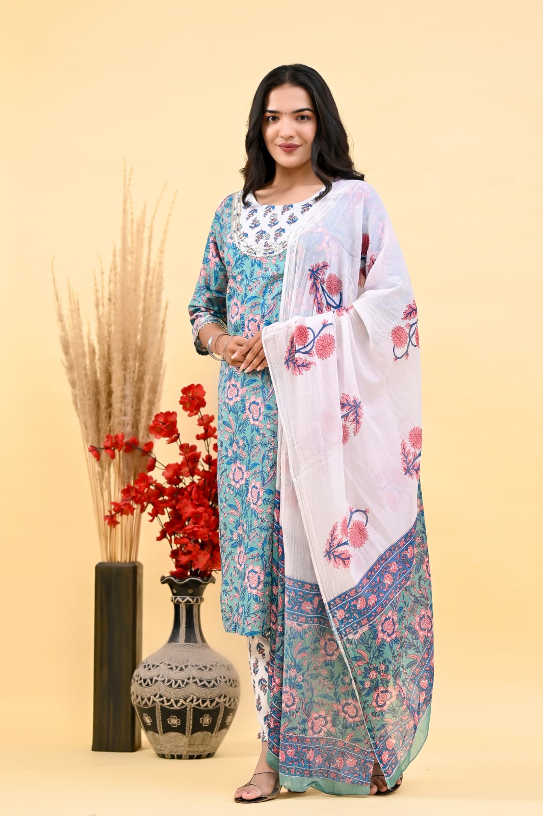 Pure Cotton Blue & White Kurta, Pant Dupatta Set